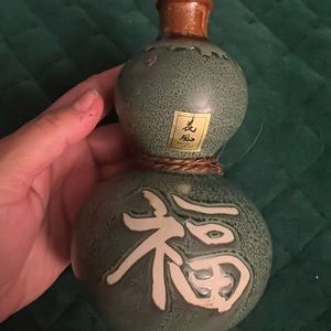 Japanese Green & Brown Art Pottery Clay Gourd Vessel Sake Bottle